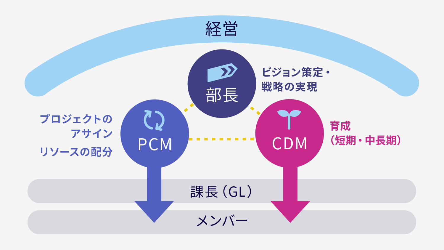 CDM（キャリアデベロップメントマネージャー）とPCM（プロジェクトコーディネーションマネージャーのイメージ図