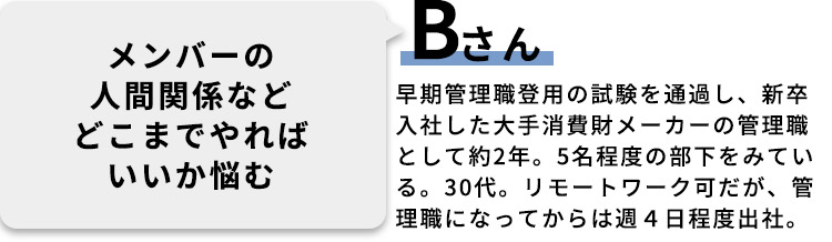 Bさん：メンバーの人間関係などどこまでやればいいか悩む